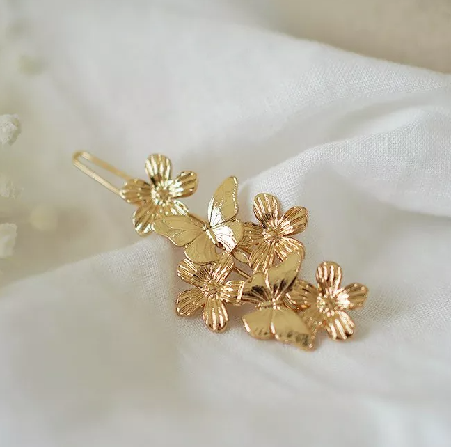 Barrette Papillons et Fleurs Dorés