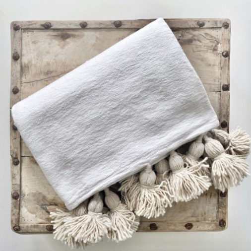 Plaid à Pompons Ecru et Caramel