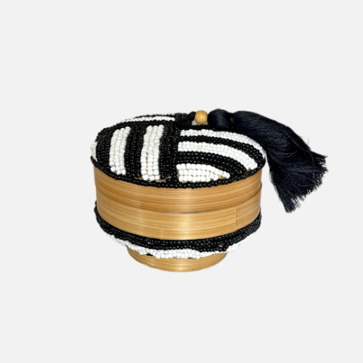 Boîte à Perles Melasti Ronde avec Pompon - Noir & Blanc