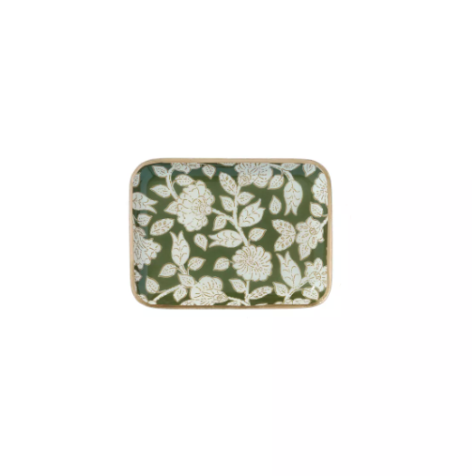 Plateau bohème chic à fleurs en métal émaillé Jaya vert