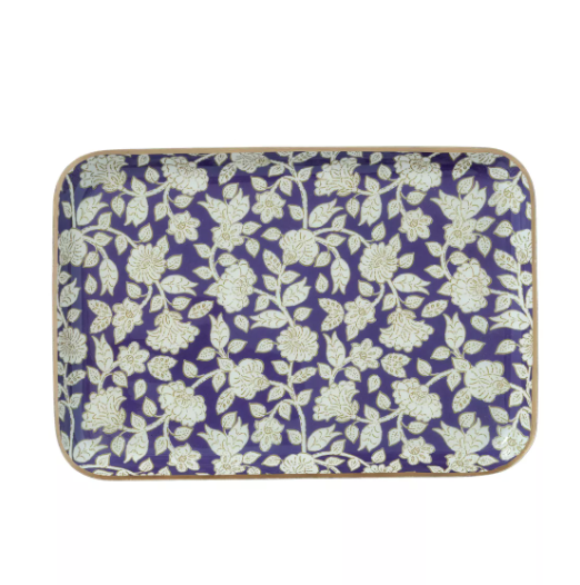 Plateau bohème chic à fleurs en métal émaillé Jaya Violine