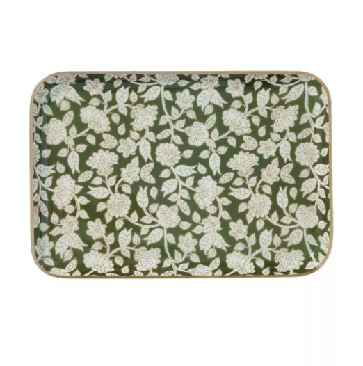 Plateau bohème chic à fleurs en métal émaillé Jaya vert